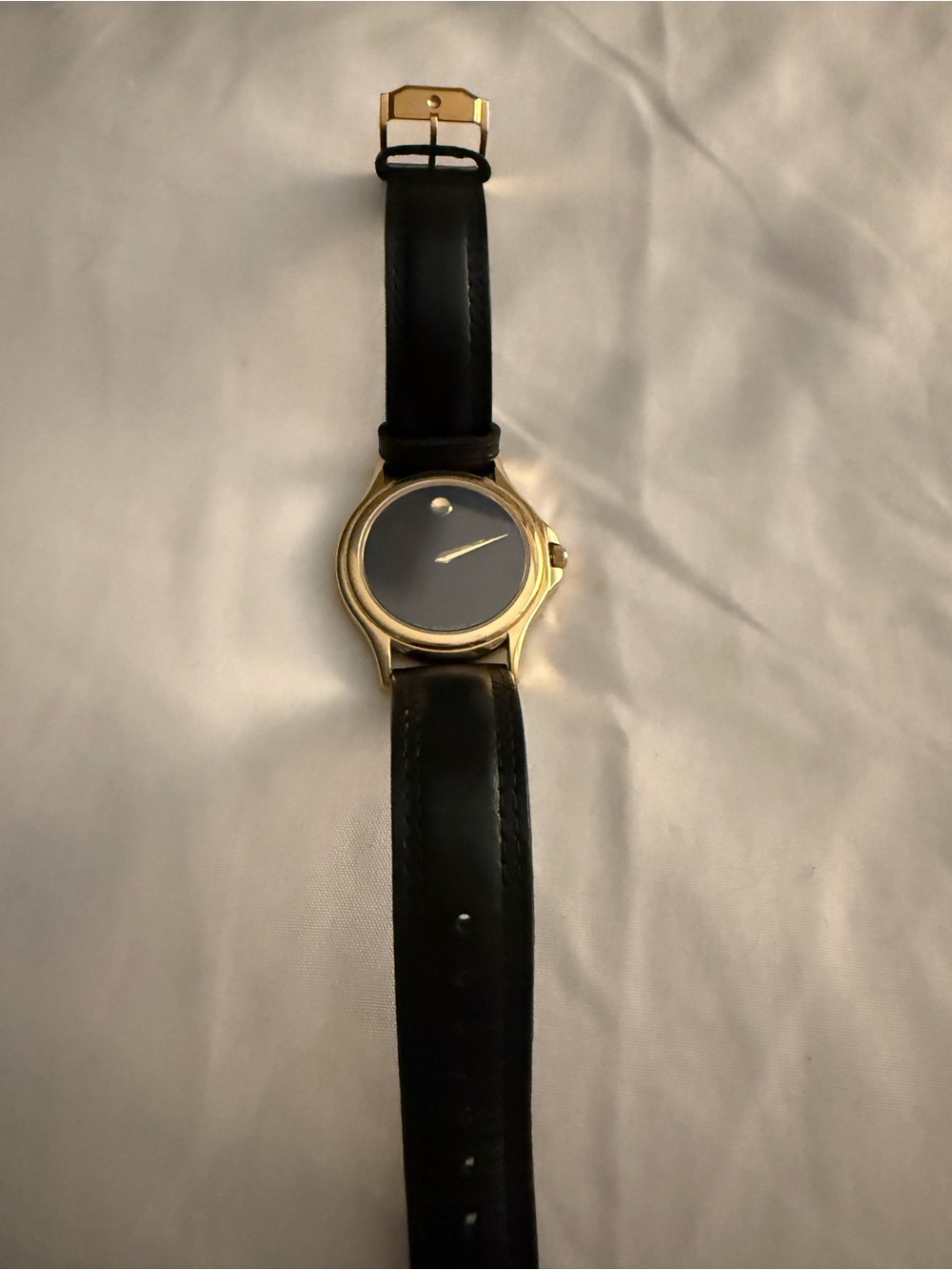 Movado Gold Case Black Dial Black Leather Strap Watch